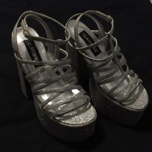 Silver strappy glitter platform heels
